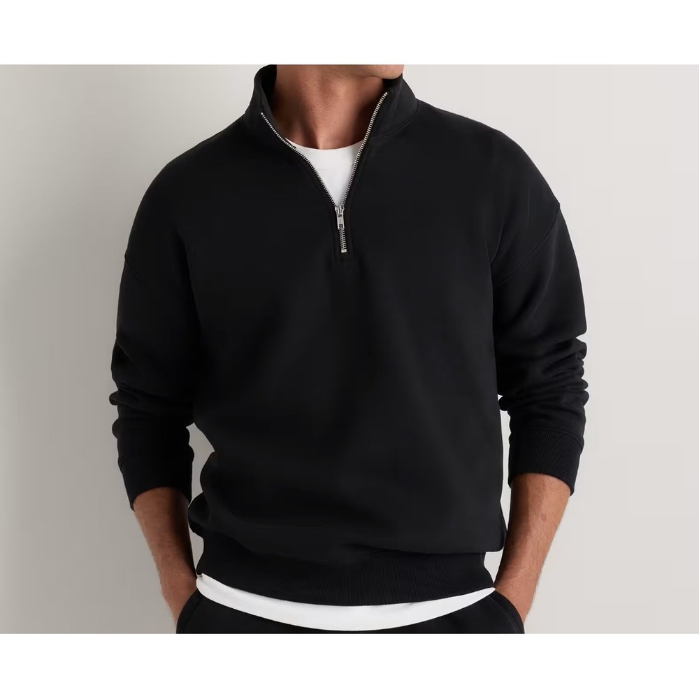 Quince Mens Black Quarter Zip Mock Neck Sweatshirt Size Medium NWT